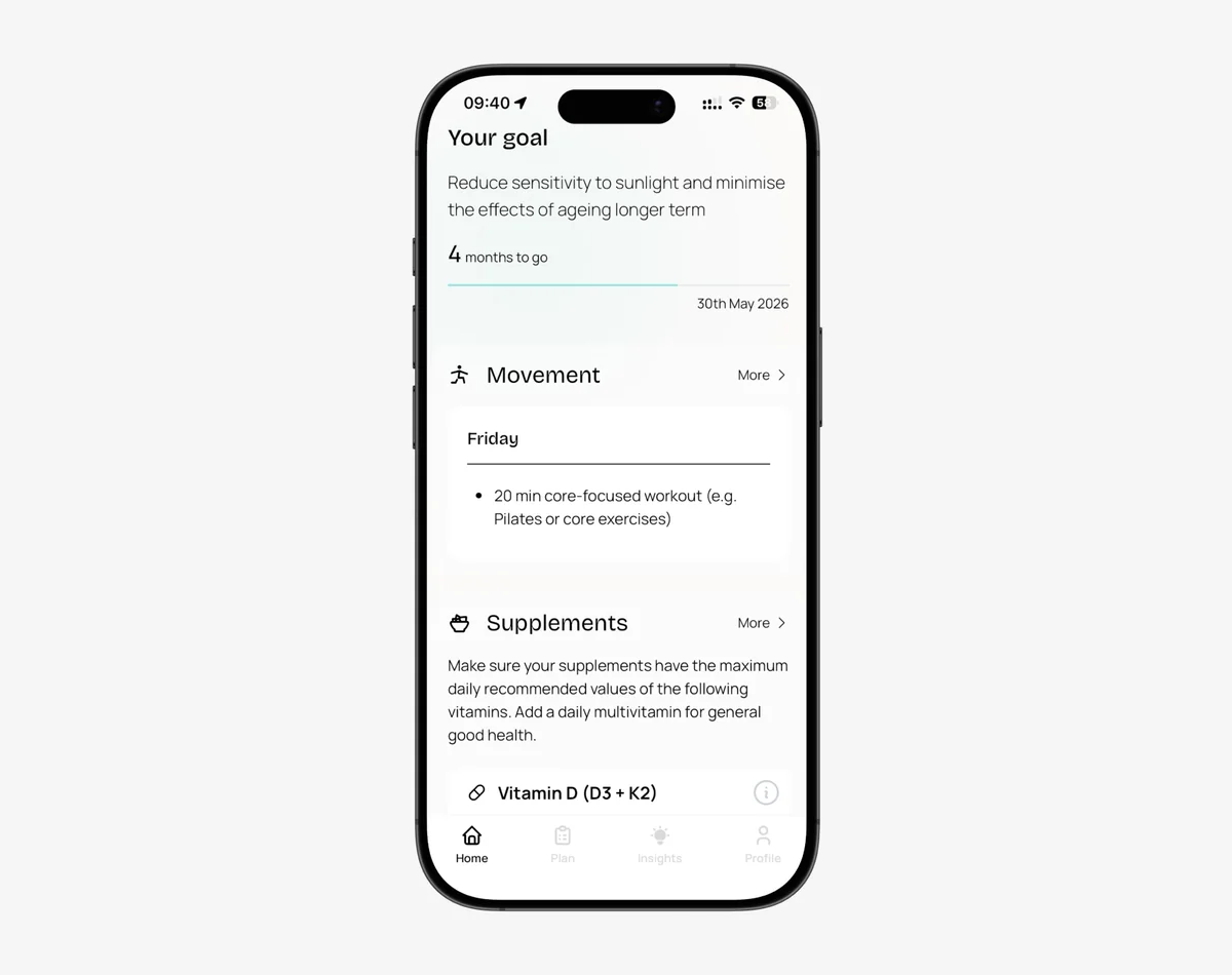 The MAP Health app showing a patient’s goal, this week’s movement plan and supplement recommendations